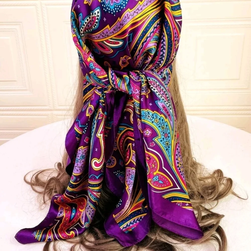 Oversized Satin square Scarf Purple Paisley boho Festival for head neck hair 💖